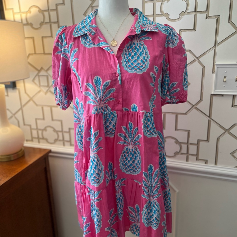 Pink Dress with Blue Pineapple Print